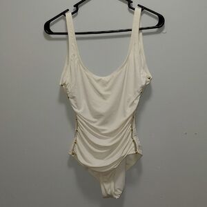 Carmen Marc Valvo Cream One-Piece Swimsuit With Gold Accents And Open Sides 6